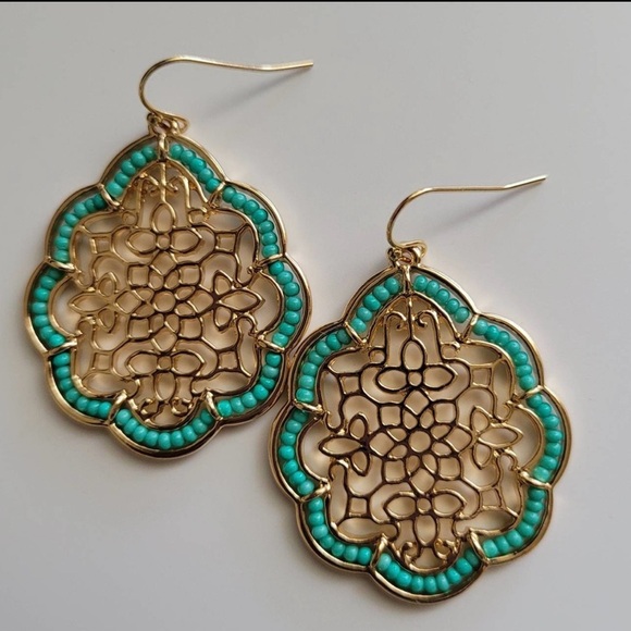 Jewelry - Floral Demask Gold Earrings,Statement Earrings, Filigree, Teal Beaded Earrings,
